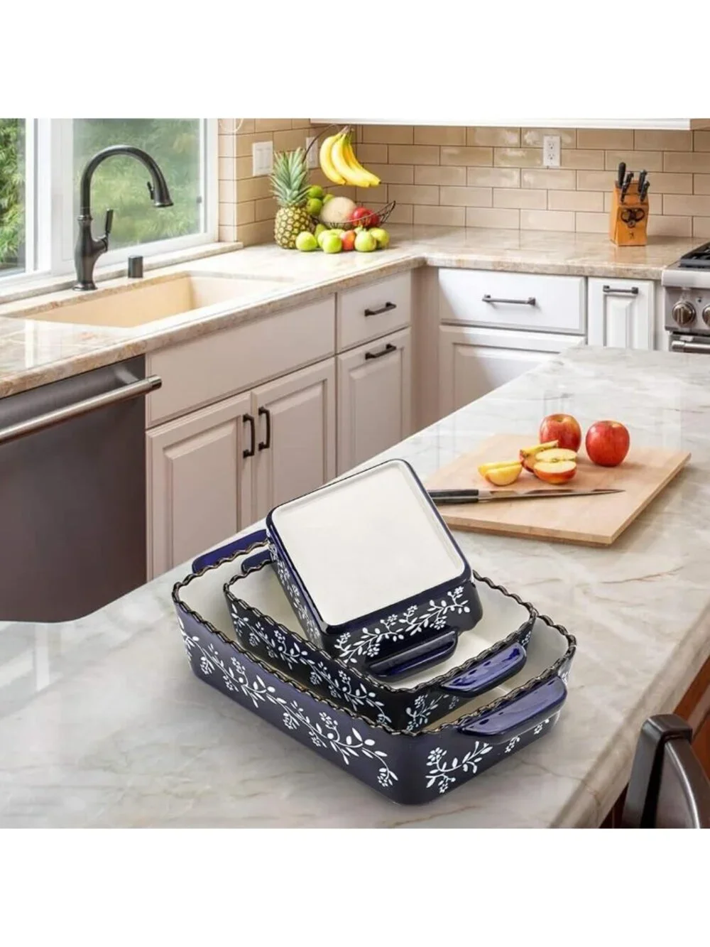 Ceramic Bakeware Set - 3 Rectangular Lasagna Pans for Casseroles & Cakes, Cobalt